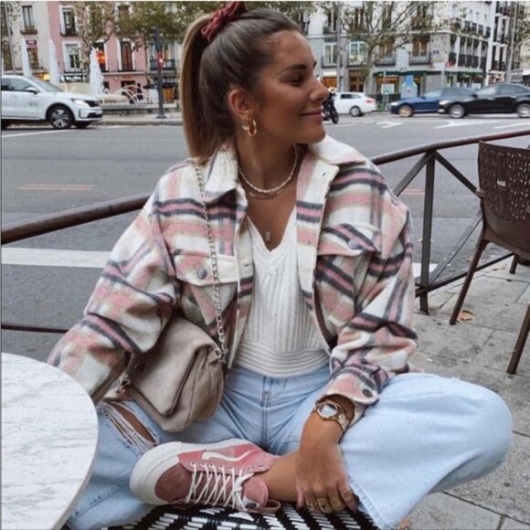 Zara Pink Off White Gray Tan Plaid Wool Blend Oversized Shacket Shirt Jacket S - Picture 3 of 7